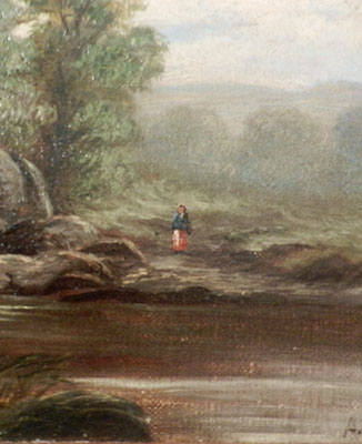 Oil on Canvas of Waterfalls and Fisherman